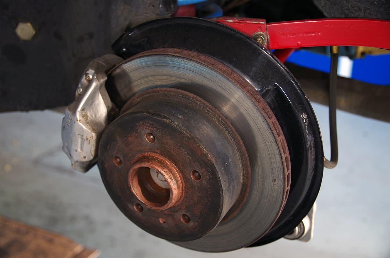 A brake disc and calliper with the wheel off